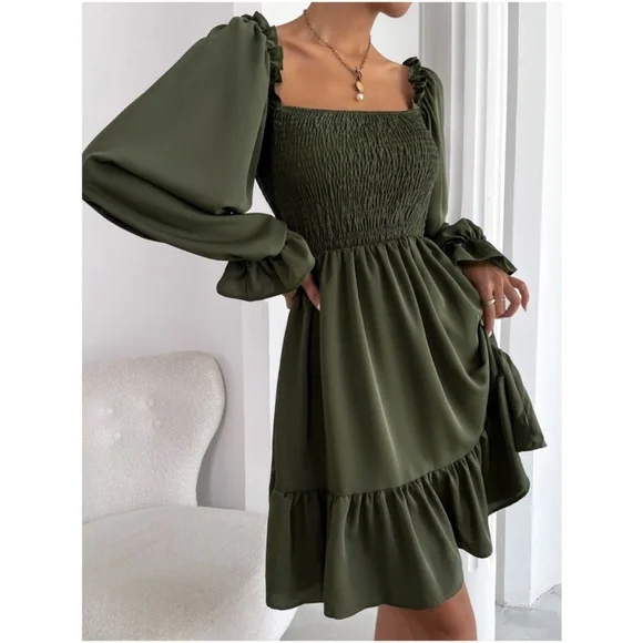 Boho Rust Brown Flounce Ruffle Sleeve Babydoll Dress Minimalist - Picture 3 of 11